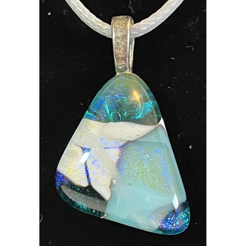 Holographic Blue, White, Gold Triangle Handmade Designer Glass Pendant Necklace